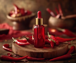Red chili pepper oil in dropper bottle, surrounded by peppers