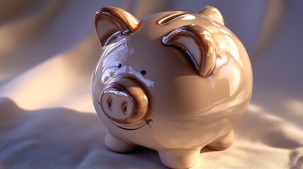 Cute piggy bank, light beige, cheerful expression