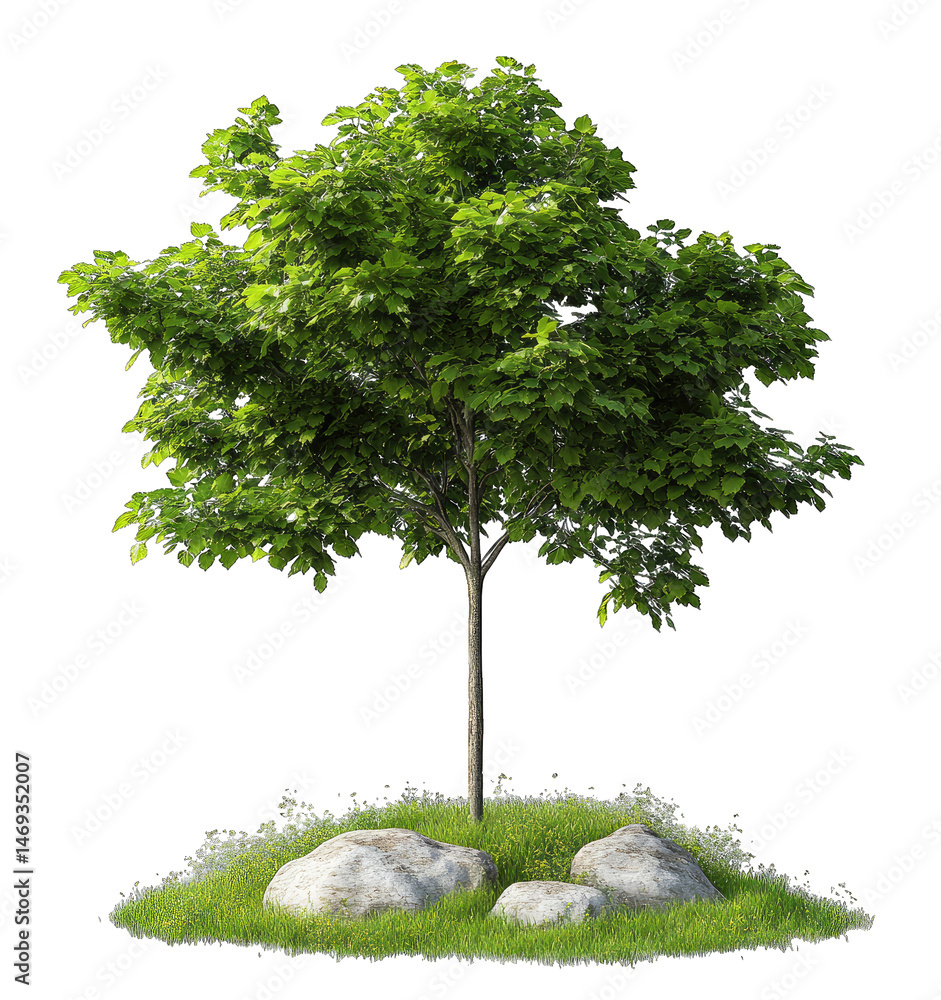 Poster a small green tree with lush leaves stands on a patch of green grass with two large gray rocks in fr