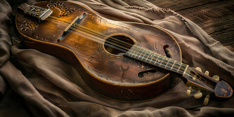 Obraz premium Intricately Designed Vintage Guitar Resting on Soft Fabric