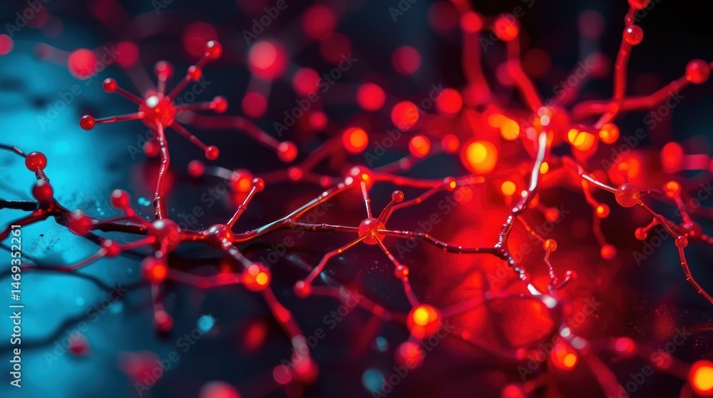 Poster close up of abstract red and blue network with bright nodes and connecting lines in dark space