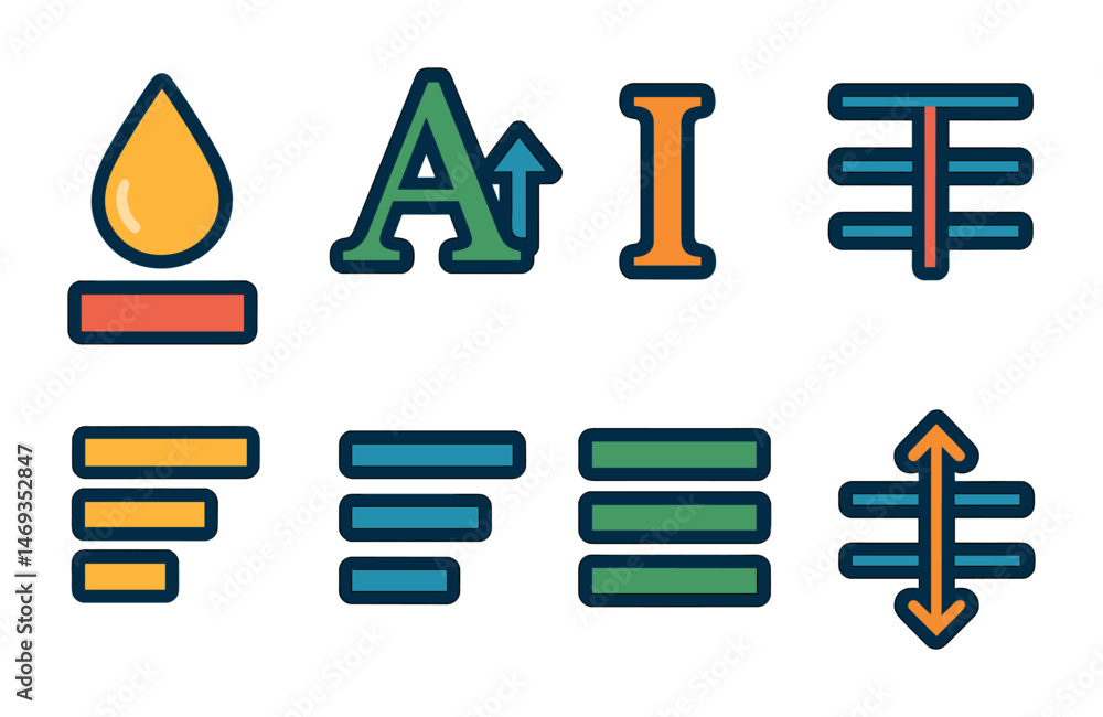 Poster typography and text editing icons set – outline, line, font and design tools