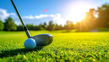 Golf Club & Ball Close-Up: Preparing for a Perfect Swing Under the Sun's Golden Rays