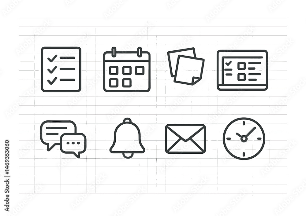 Poster productivity and task management icons set – line, outline, workflow symbols