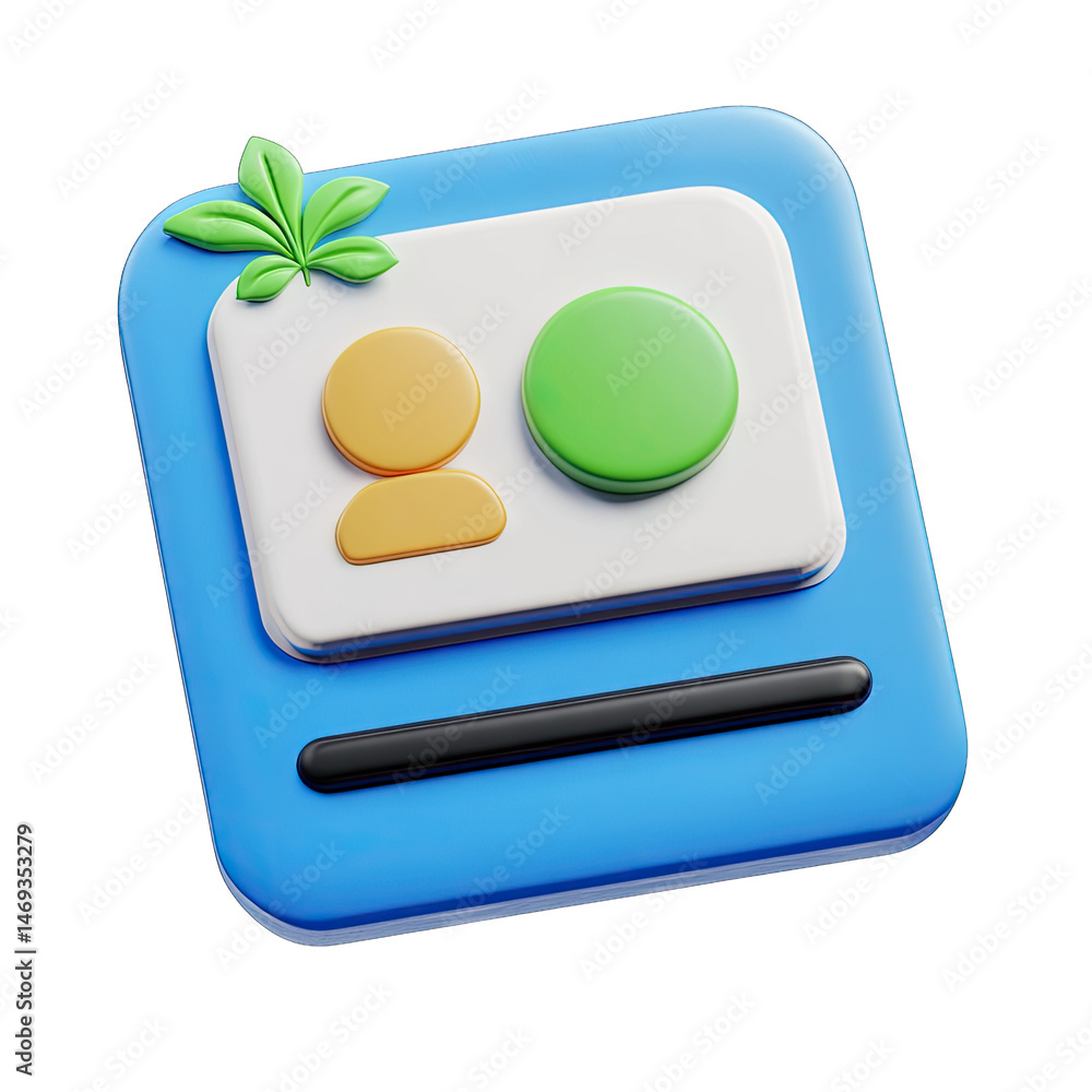 Poster 3d icon of a person profile card with a green leaf on top representing user profile account identity