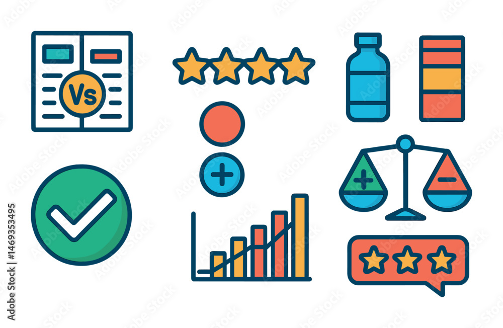Poster performance analysis filled icons set – data, metrics, analytics symbols
