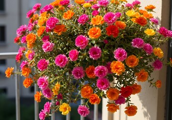 Hanging Basket Overflowing with Colorful Portulaca Flowers in Bloom