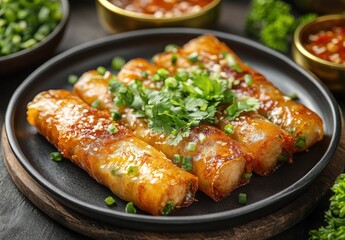 Crispy Golden Spring Rolls with Fresh Herbs and Dipping Sauces on Dark Wooden Table