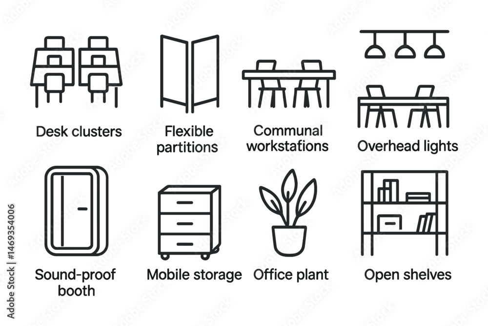 Poster office and workspace outline icons set – linear, desk setup and modern workspace
