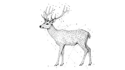 Deer with Antlers in Dotted Lines: A deer standing tall, with its graceful antlers and body outlined by delicate dots and lines, emphasizing the natural elegance. 
