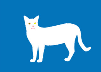 Cute white cat on blue background. Vector illustration.
