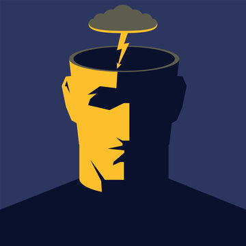 Conceptual vector illustration of a human head with an open top, struck by lightning from a storm cloud. The image symbolizes sudden insight, mental crisis, stress.
