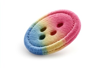 Colorful, stitched button with a rainbow gradient