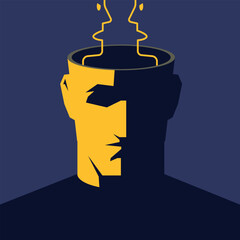 Silhouettes of heads of angry people are inside a human head with an open top. The image represents reflection, self-analysis, duality of thought, inner conflict, or strategic thinking.
