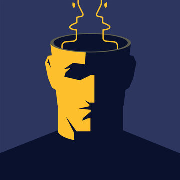 Silhouettes of heads of angry people are inside a human head with an open top. The image represents reflection, self-analysis, duality of thought, inner conflict, or strategic thinking.