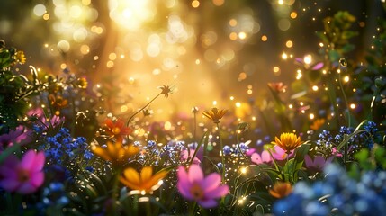 A lush meadow of colorful flowers under warm sunlight, with glowing bokeh lights and soft focus adding a dreamy summer vibe. 