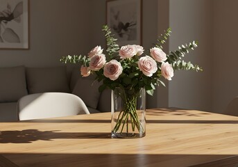 Roses in Vase on Table Indoor Arrangement