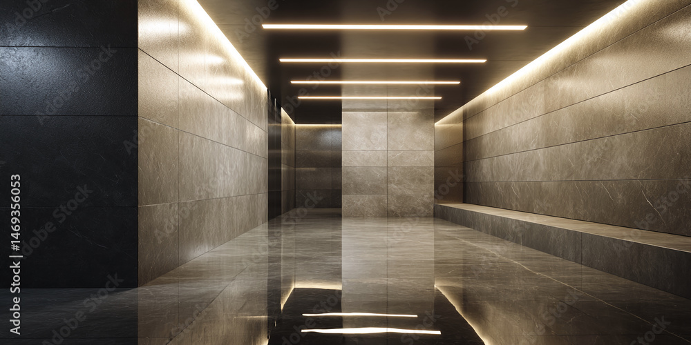 Poster elegant hallway with dark and light brown marble tiles, illuminated by linear lights, showcasing a c