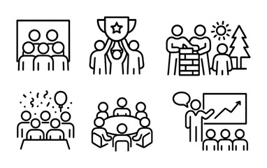 Teamwork and collaboration outline icons set – linear, group work, productivity symbols