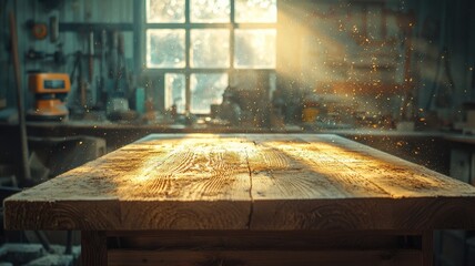 Sunlit Wooden Workbench in Dusty Workshop with Light Rays workbench workshop dusty wooden table shed