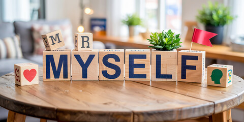 The word MYSELF. Self esteem issue. Putting wood cubes with alphabets and icons