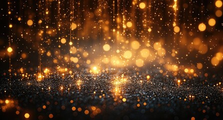 Golden glitter particles falling on dark surface.