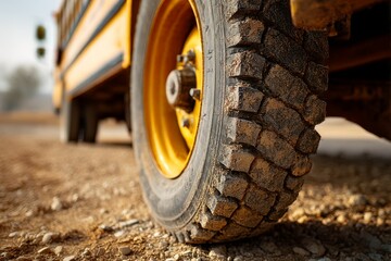 Close-up view of a school bus tire on gravel road showcasing rugged tread design and durability