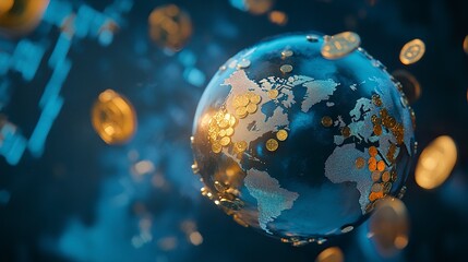 A metallic globe with golden coins orbiting, glowing against a dark blue digital stock market display. Centered composition, vibrant and futuristic. 