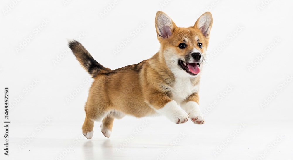 Fototapete 白い背景で元気よく跳躍する子犬 愛らしい姿 this translates roughly to: 