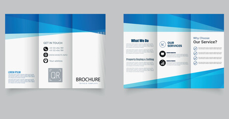 Minimal Corporate Trifold Brochure Template with Blue Geometric Design. Corporate business flyer in modern style. Editable image. Vector.