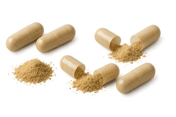 Brown capsules with some open, revealing powder inside, along with small piles of the powder on a surface. Concept Brown Capsules, Open Capsules, Revealed Powder, Powder Piles