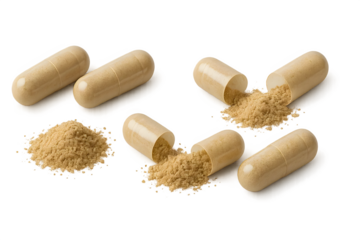 Brown capsules with some open, revealing powder inside, along with small piles of the powder on a surface. Concept Brown Capsules, Open Capsules, Revealed Powder, Powder Piles
