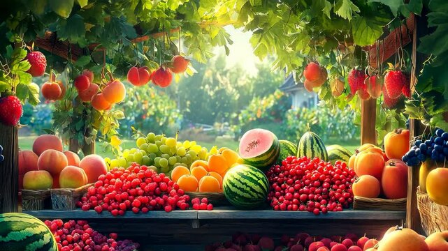 A small fruit stand with summer berries, melons, and peaches, surrounded by vibrant sunlight and greenery