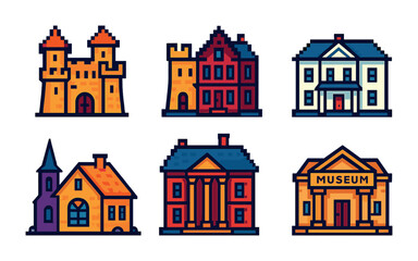 Fototapeta premium Historical buildings pixel art icons set – architecture, landmarks, vintage design symbols