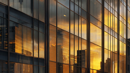 Plakat Golden sunset reflected in modern building's glass facade, showcasing architectural design and urban landscape, symbolizing success, ambition, and progress