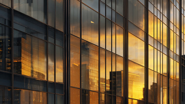 Golden sunset reflected in modern building's glass facade, showcasing architectural design and urban landscape, symbolizing success, ambition, and progress