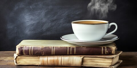 Naklejka premium A steaming cup of coffee on a saucer resting on a stack of old books against a dark background