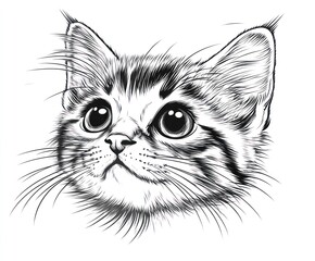 Adorable Hand-Drawn Portrait of a Kitten with Big Eyes and Playful Expression in Black and White Style