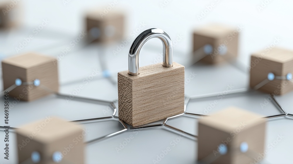 Poster blockchain and data security concept with lock and network data data security cybersecurity system