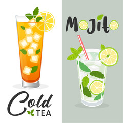 Vector illustration showing a glass of iced tea and a glass of mojito, decorated with lemon and lime slices, mint leaves, and ice cubes. Perfect for summer, beverage, and menu designs.