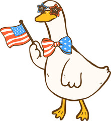 4th of July Girly Silly Goose with American Flag, Sunglasses and Bow Tie Hand Drawn Doodle