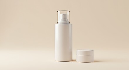 Elegant White Cosmetic Product Mockup: Spray Bottle and Jar on Beige Background