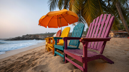 Colorful Beach Chairs Under an Umbrella on Sandy Shoreline in a Serene Coastal Setting