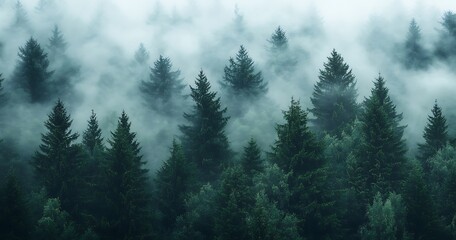 Dense forest canopy veiled in morning mist.