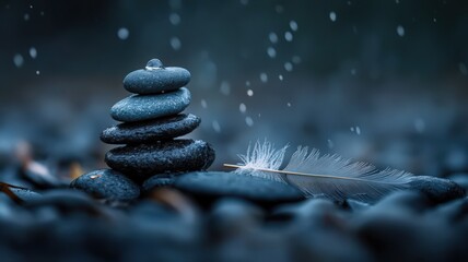 Obraz premium Dark Rain Drops On Stacked Stones And Feather