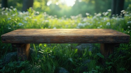 Naklejka premium Rustic wooden bench in a sunlit meadow setting.
