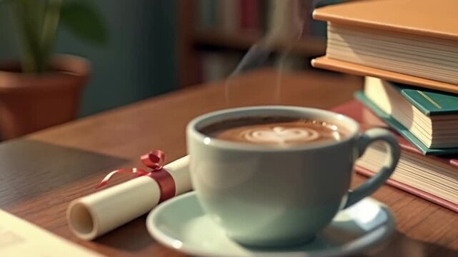 "Cozy study scene with a cup of coffee topped with heart-shaped latte art, a diploma with a red ribbon, and a stack of colorful books, perfect for academic achievement, graduation celebrations, or rel