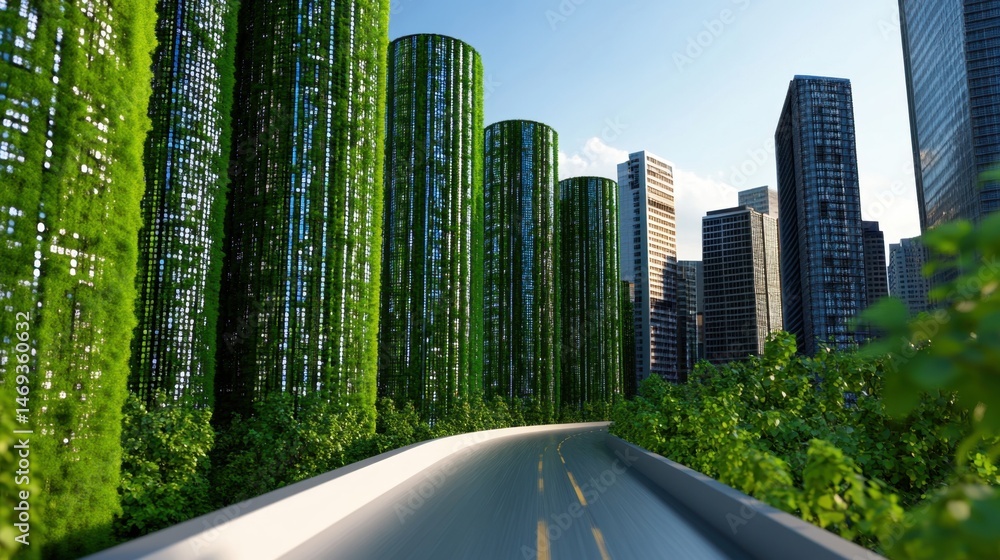 Poster binary-coded towers lining a sleek 3d road, concept for data flow in digital cities