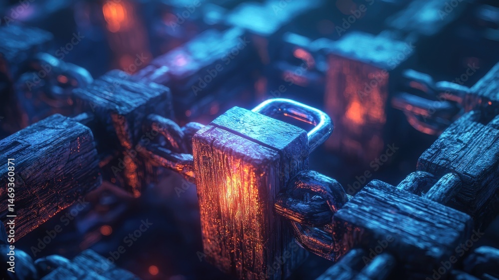 Poster blockchain technology security - abstract digital chain with padlock and glowing lights blockchain