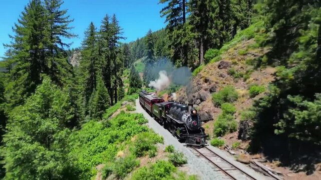 Un tren de estilo vintage avanza lentamente por sus sinuosos rieles, rodeado de exuberante vegetaci&oacute;n y afloramientos rocosos.
